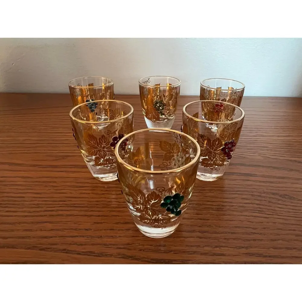 Vintage MCM Innsbruck Shot Glasses - 22k Gold Filigree/Raised Grapes - Set of 6